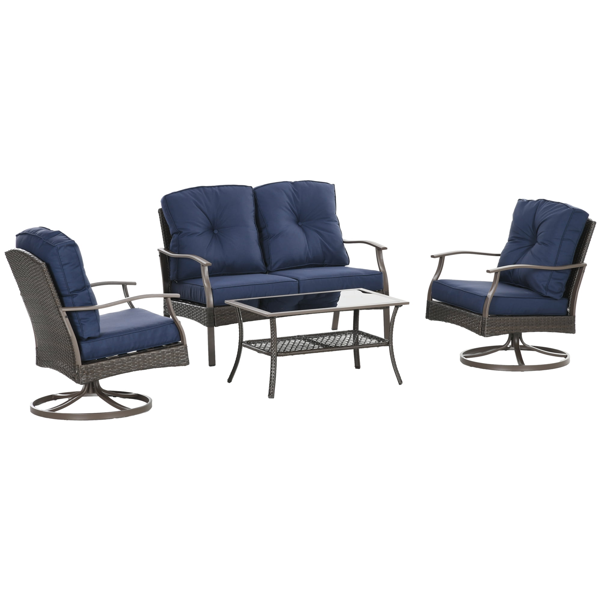 Outsunny 4pcs Rattan Patio Furniture Set w/ Cushions, Glass Tabletop Blue