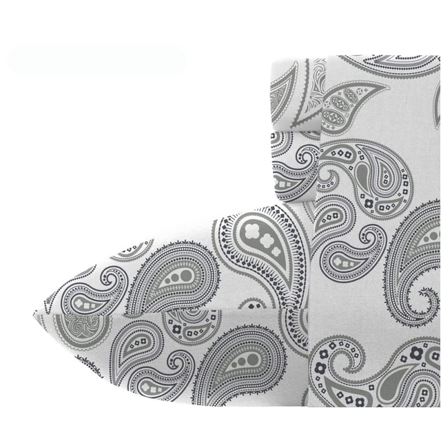 Johnson Home 200 TC Bed Sheet Set with printed cotton sheets featuring a grey and black paisley pattern on white fabric, folded to highlight the lightweight cotton texture and vibrant design, suitable for breathable, moisture-wicking bedding that enhances bedroom decor.