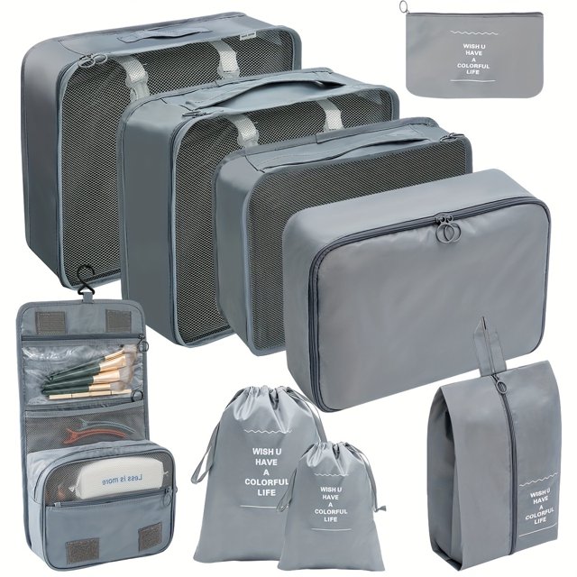 YOPTOP 9-Piece Set of Large Capacity Travel Pack Cubes Lightweight Travel Luggage Organizers - Portable Clothes Storage Bags - Easygoing Casual Travel Bags - Made of Polyester,Gray 9 pieces