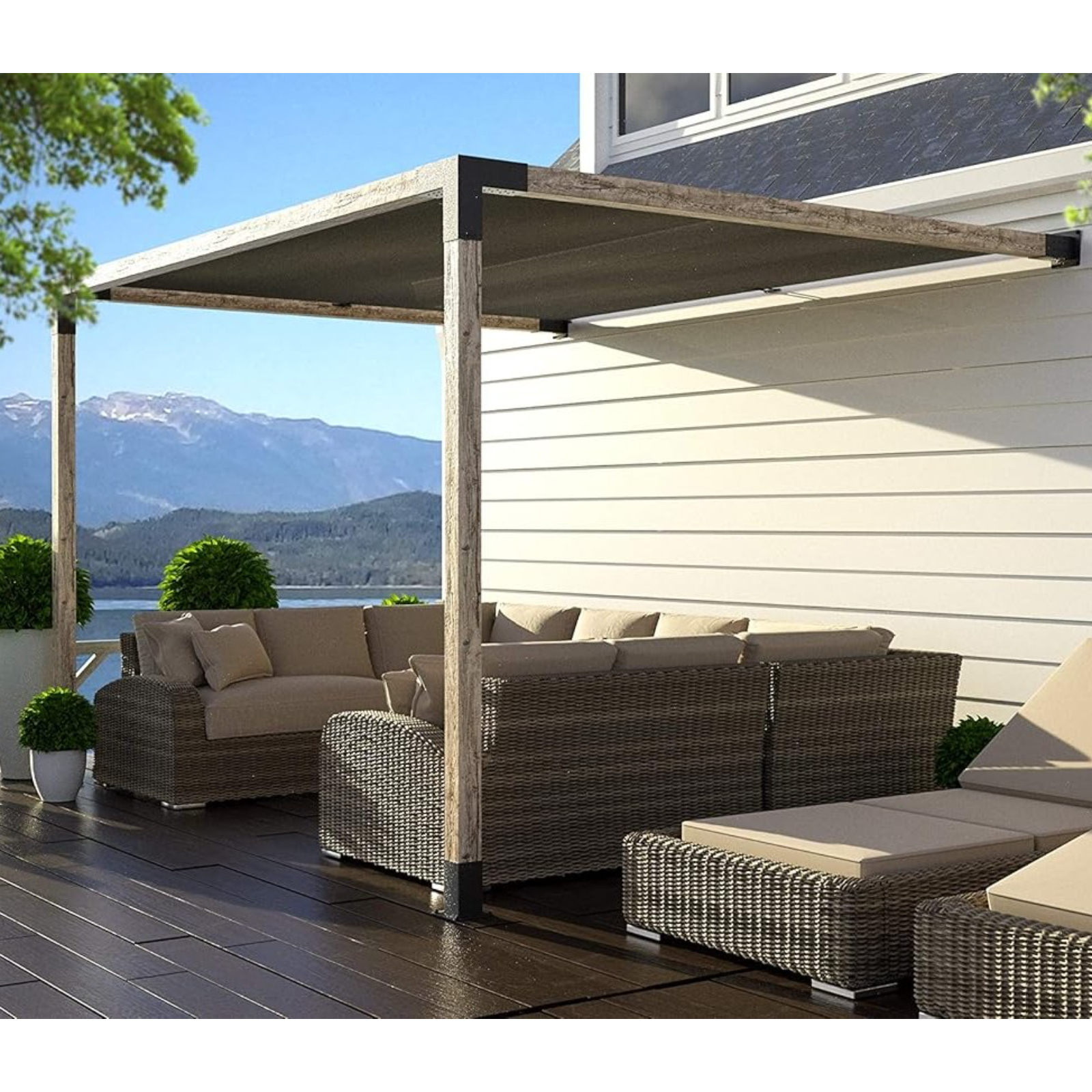 Kit de pergola murale Toja 8'x8' avec voile d’ombre en graphite pour poteaux en bois 4x4