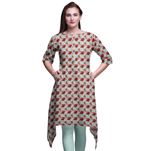Bimba Kurti Asymétrique à Imprimé Floral Feuilles Vertes et Pivoines pour Femmes Robe d'Été Indienne Tunique Petit