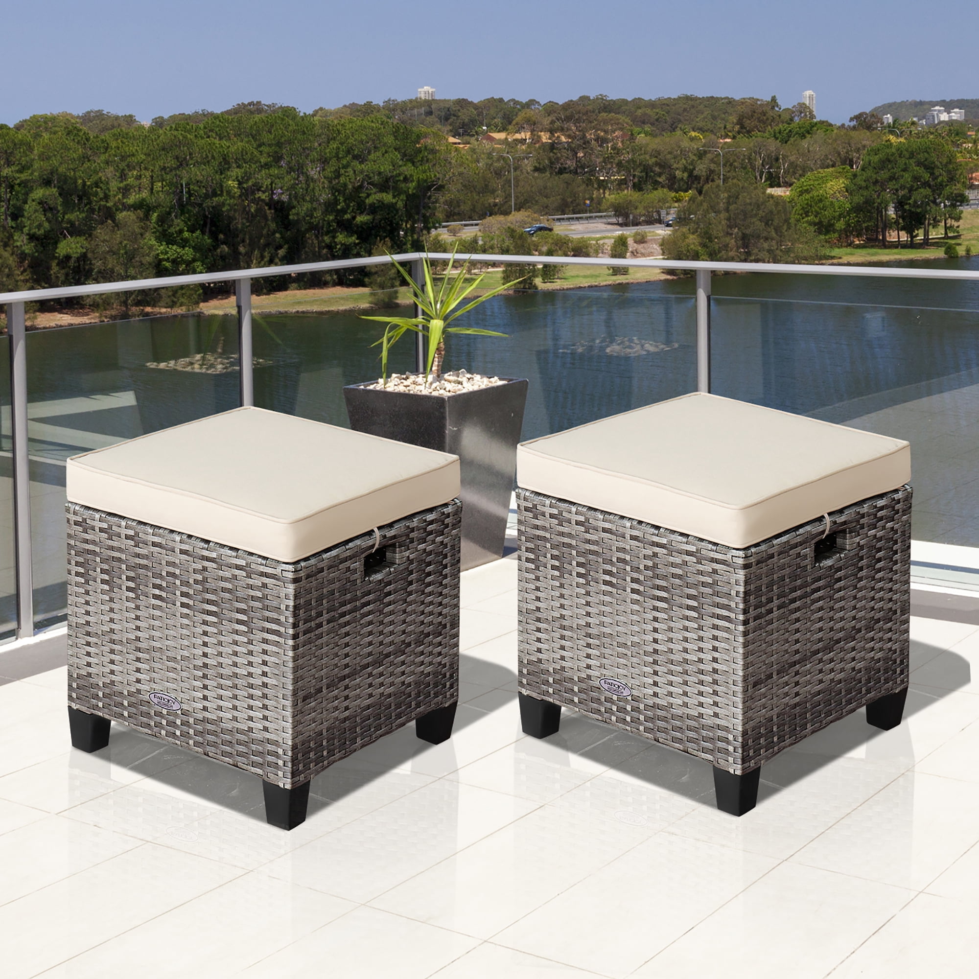 Costway Lot de 2 Poufs de Patio en Rotin avec Coussins, Repose-Pieds, Table, Beige