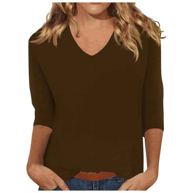 Spring Tops for Women V Neck Solid Color Casual Summer Basic Top Long Sleeve Basic Oversized Tshirts for Women Coffee S