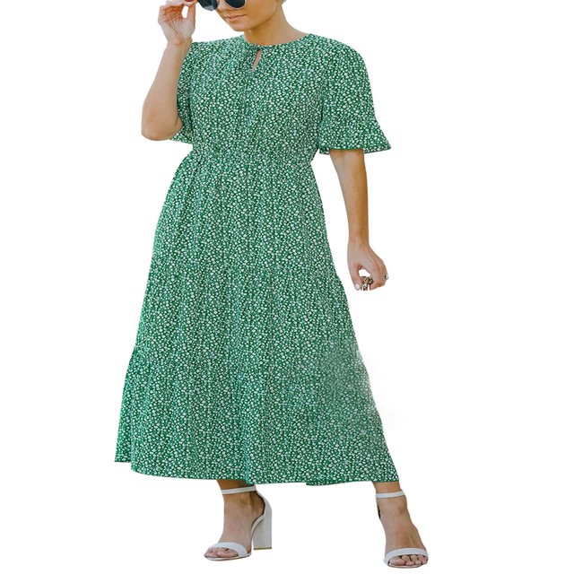 Robe Décontractée à Volants Manches Courtes Imprimé Floral Taille Haute Col en Chiffon Robe Longue de Plage Fête Vert s