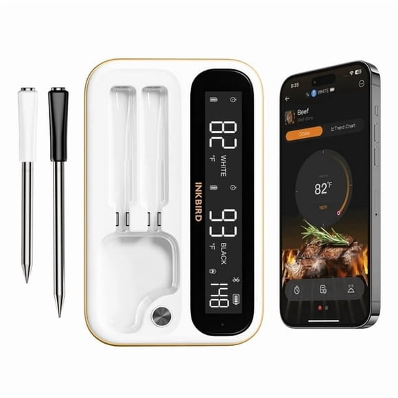 INKBIRD Thermomètre à Viande Sans Fil Wi‐Fi 5 GHz et 2,4 GHz avec 2 Sondes à Codage de Taille et Portée Illimitée, Thermomètre Bluetooth 5.4 avec Amplificateur LCD Amélioré à Lecture 360°, Blanc