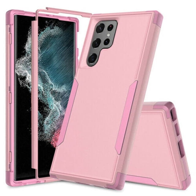 Supershield Case for Samsung Galaxy S22 Ultra 5G in pink, featuring a dual-layer design with military-grade drop protection. The case includes a built-in screen protector, shockproof back cover, and dustproof plug for the charging port. Made of durable PC and TPU materials, it offers rugged shockproof armor and precise cutouts for easy access to buttons, speakers, camera, and charging port. Slim and lightweight with a non-slip grip for secure handling.
