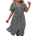 thumbnail image 4 of Femmes Bouton vers le Bas Midi Robe à Manches Courtes Imprimé Floral Ceinture en Vrac Robe Chemise Jaune M, 4 of 8