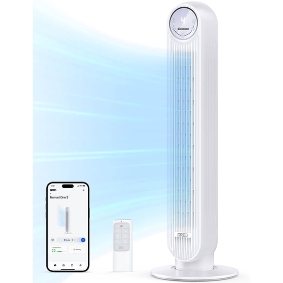 Dreo Ventilateur Tour pour Chambre, Ventilateurs sur Pied Intelligents 25 Pi/s, Ventilateur de Plancher Oscillant à 90° avec 4 Modes, 4 Vitesses, Minuterie 8 H, 28 dB, Sans Pales, Télécommande, 28 dB, Fonctionne avec Commande Vocale Wi‐Fi