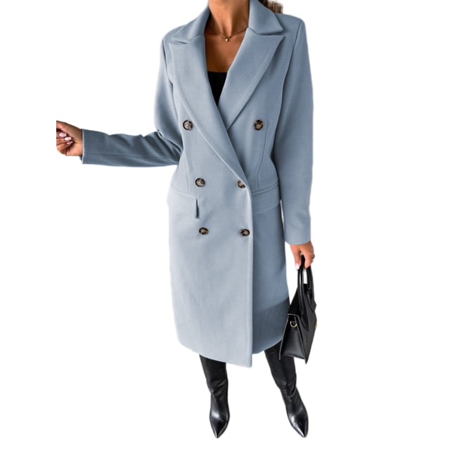 MAWCLOS Ladies Classic Solid Color Outwear Holiday Lapel Pea Coats Sky Blue 2XL