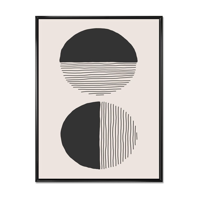 Designart Lignes Géométriques Minimalistes et Cercle IV Cadre Flottant ART Mural avec Deux Cercles Abstraits Noirs sur Fond beige, l'Un Présentant des Lignes Horizontales sur la Moitié Inférieure et l'Autre des Lignes Verticales sur la Moitié Droite, Enveloppé sur Toile de Qualité Supérieure et Encadré dans un Cadre Flottant Noir Mince, Convenant à la Déco Murale Moderne de la Maison.