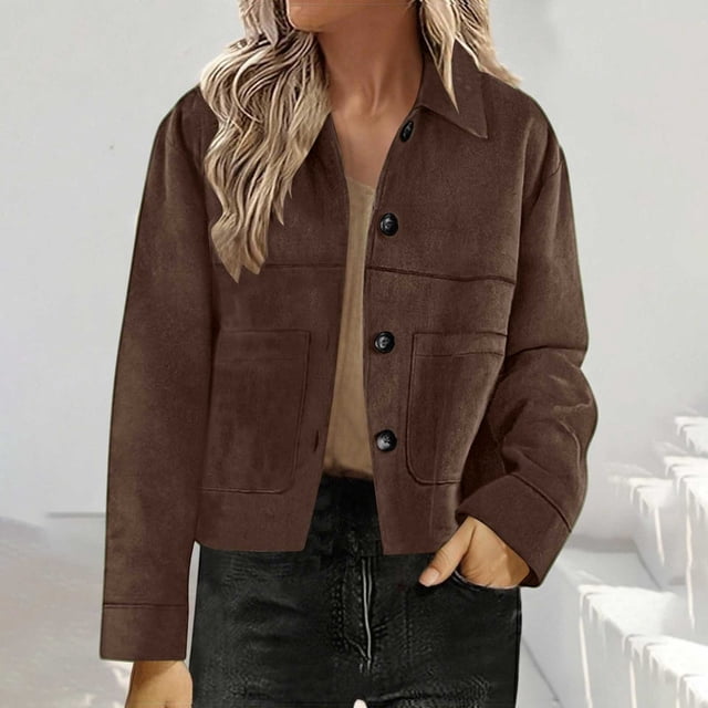 Plus Size Suede Jackets For Women 2025 Casual Button Down Cropped Jacket Fall Long Sleeve Outerwear Coats Work Clothes
