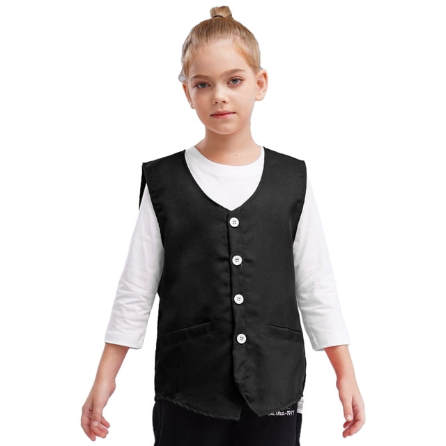 renvena Kids Button Volunteer Activity Vest Button Up Irregular Hem Waistcoat Sleeveless Waiter Black L