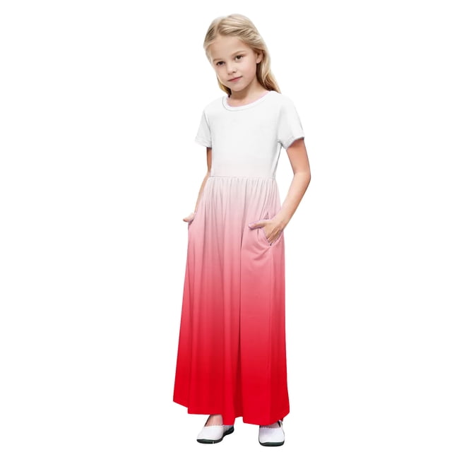 Rbaofujie Robe Maxi d'Été pour Filles à Manches Courtes, Col Rond, Ample, Décontractée et Fluide avec Poches pour 4-14 Ans