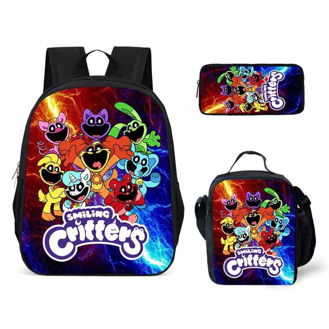 Smiling Critters School Bag Three-Piece Set with a cartoon backpack, shoulder bag, and pencil bag. The design features colorful smiling animal characters on a vibrant lightning-themed background. Includes a spacious backpack with adjustable straps, a small satchel with a top handle, and a matching pencil bag. Ideal for school or casual outings.