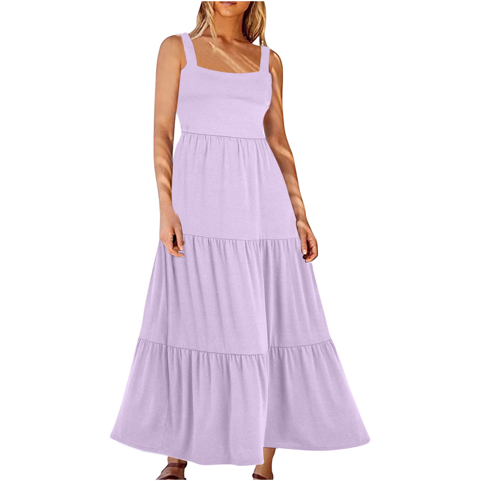 AherBiu Boho Sundresses for Women Wide Strap Square Neck Sleeveless Tiered Ruffle Flowy Summer Maxi Dresses