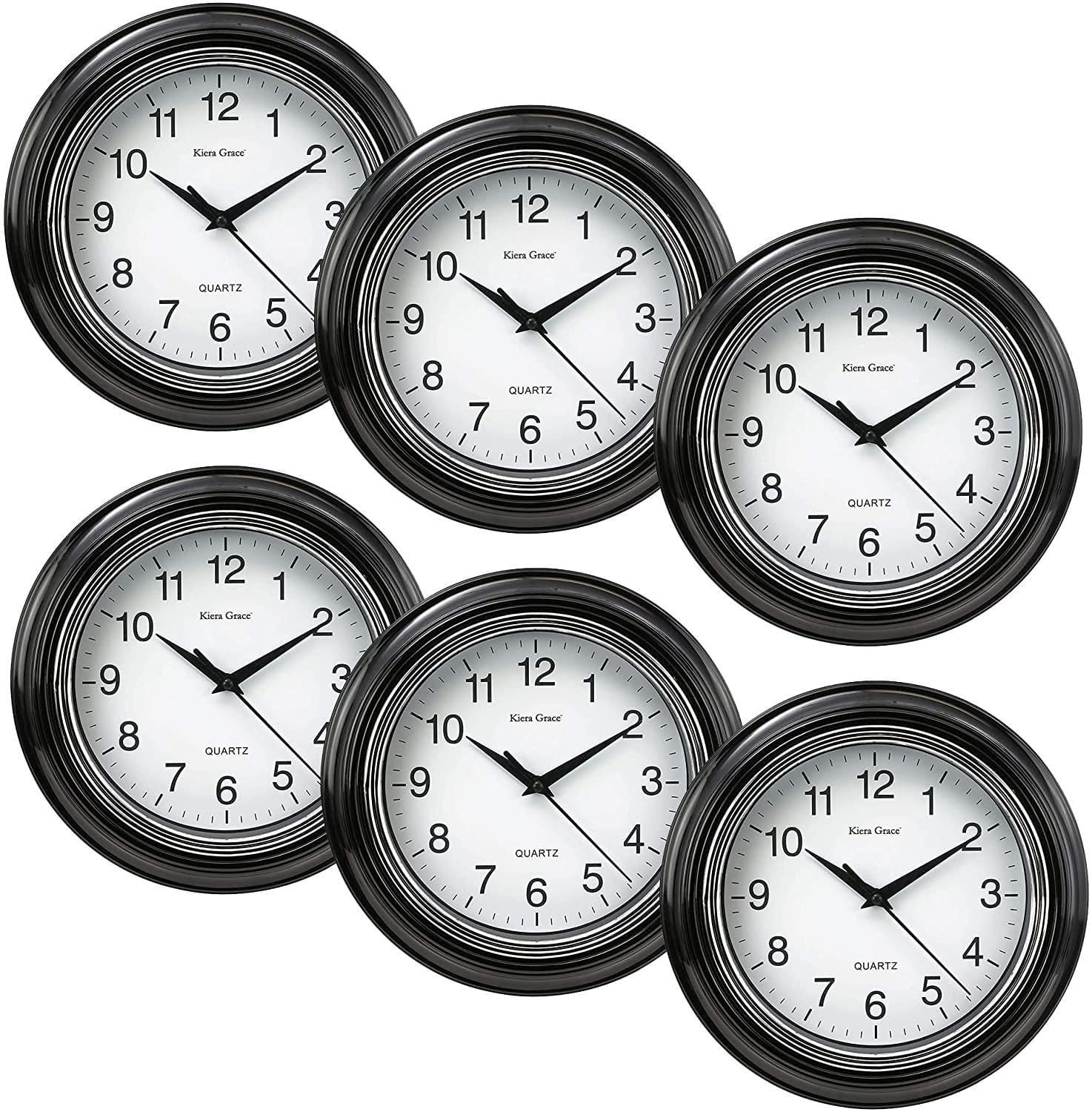 Horloges murales rondes Aster KG - 25,4 cm (10 po), 3,81 cm (1,5 po) d'épaisseur, noires, qté 6