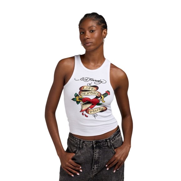 Ed Hardy Heart Sword Tank Top - EHW1207-5RS (White, M)