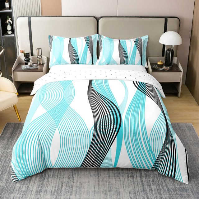 Erosebridal Housse de Couette Cyan Abstraite 100 % Coton Format Double, Housse de Couette Chic Minimaliste 100 % Coton Double, Déco à Rayures Géométriques, Réversible 3 Pcs (Sans Couette)