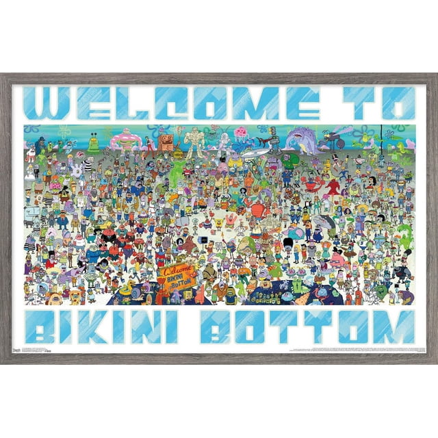 Nickelodeon Spongebob - Every Character Ever 19 Affiche Murale, 22,375 Pouces x 34 Pouces Présentant un collage vibrant de Tous les Personnages Bob L'éponge sur un Fond Bleu sous-Marin avec de Grandes Lettres en Blocs Disant « Bienvenue au Bas de Bikini », Imprimées sur du Papier Affiche Brillant, Convenant comme art Mural Ou Déco de Pièce pour Chambres, Bureaux Ou Dortoirs.