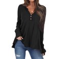 thumbnail image 1 of Women V Neck Buttons Stitched Long Sleeve Irregular Hem Knit Blouse, 1 of 5