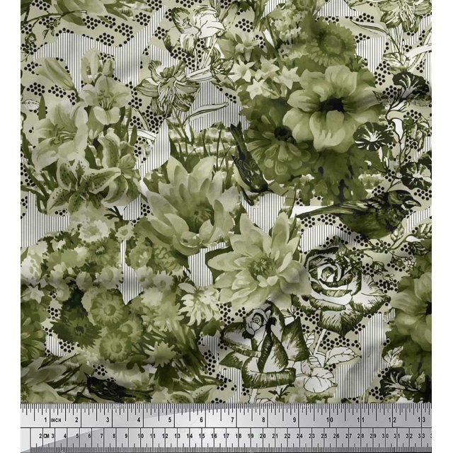 Soimoi Tissu Satin Modal Vert Rayé & Floral Décor Imprimé BTY 42 Pouces de Large