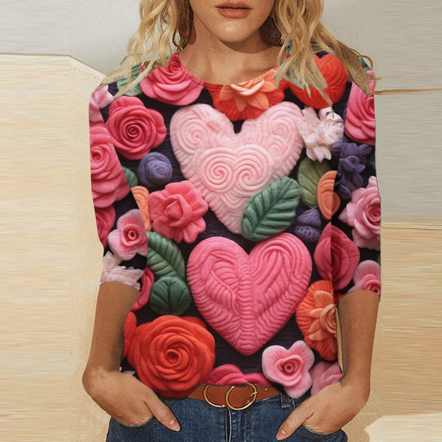 Qertyioot Chemise Ample à Manches 3/4 pour Femmes T-shirts Imprimés de la Saint-Valentin pour Femmes Blouse Col Rond Hauts Décontractés