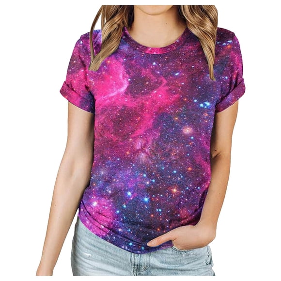 Penkiiy Galaxy Printed Shirt , Women's Print Graphic T Shirt Short Sleeve Summer T-Shirt Novelty Casual Tee L Hot Pink