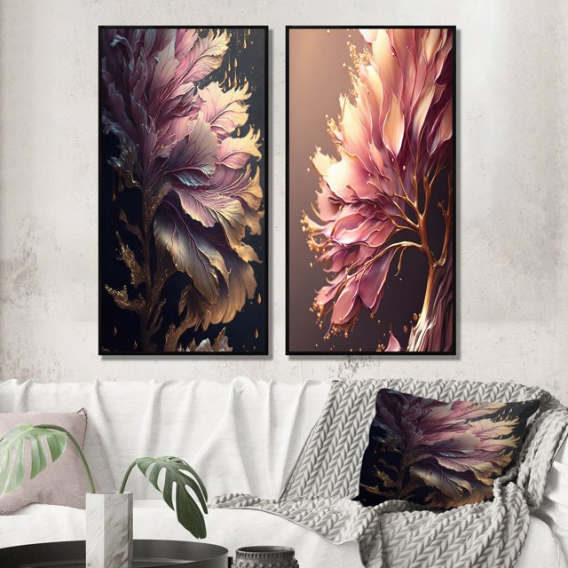 Designart "Pink and Gold Abstract Leaf Design III" Leaves Framed Wall Art Set Of 2 - Blue Floral Frame Gallery Set For Office Decor