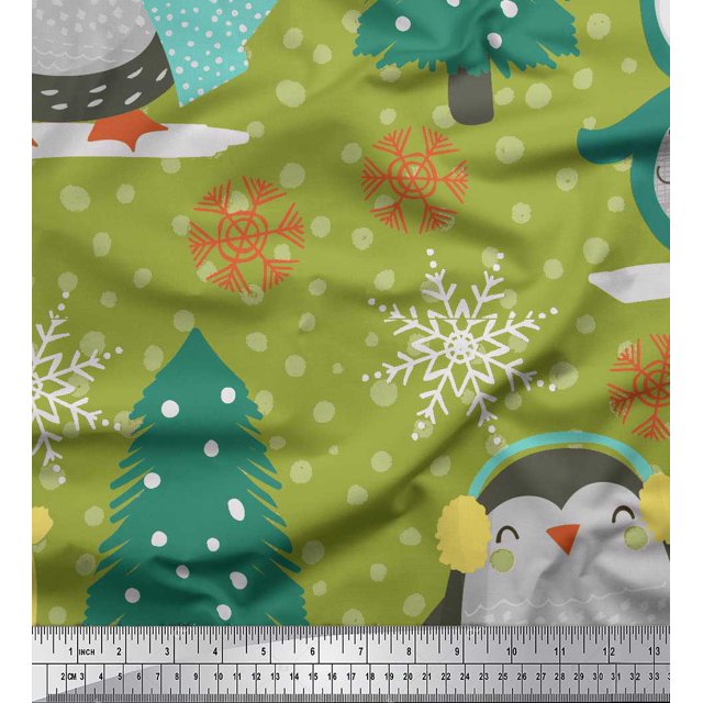 Soimoi Green polyester Crepe Fabric Christmas Tree & Penguin Cartoon Decor Fabric Printed Yard 52 Inch Wide