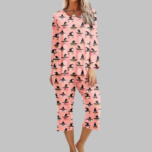 Ensembles Lounge pour Femmes 2 Pcs Pyjama d'Halloween pour Femmes à Imprimé Col Rond Manches Longues Ensemble Deux Pièces Confortable pour la Maison Ensemble de Sport Ensembles pour Femmes en Liquidation