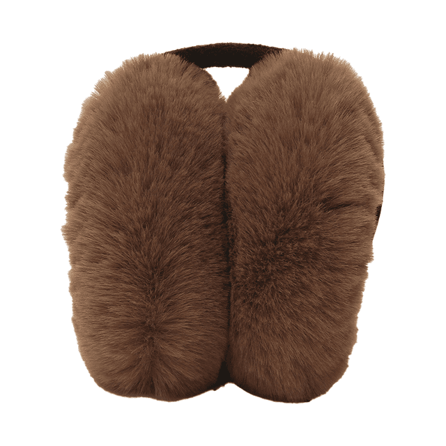Winter earmuffs made of faux fur material, featuring a foldable design for easy storage and portability. The earmuffs are shown in a brown colour with soft, padded ear cups for warmth and insulation. Suitable for women, with a one-size-fits-all design approximately 5.5 inches in diameter. Ideal for winter activities like skiing, hiking, and outdoor work.