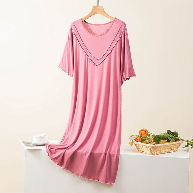 Moins de 10, Jupe de Maison Grande Taille, Col Rond, Couleur Unie, Coussin de Poitrine, Coupe Ample, Confortable, Grande Taille, Tenue de Maison, Robe Décontractée Tenue Décontractée/coton, Rouge, Sopatenor