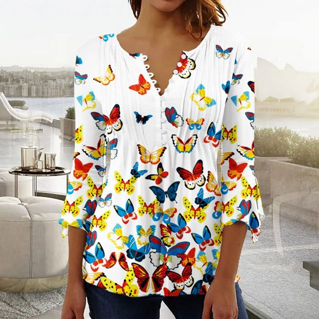 Hauts pour Femmes Haut pour Dames Imprimé Floral Col en V Manches Courtes T-Shirt à Boutons Café L