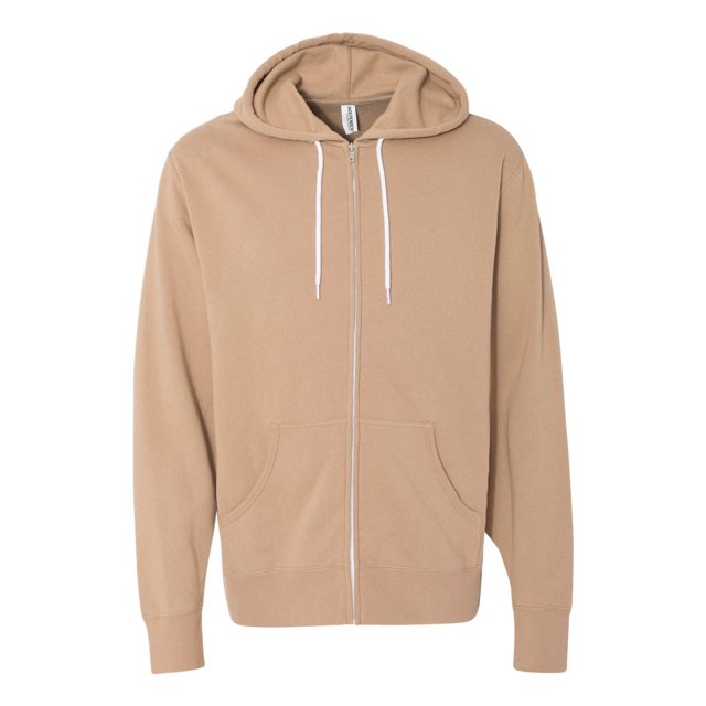 Independent Trading Co. Unisex Lightweight Full-Zip Hooded Sweatshirt in sandstone colour, size 3XL. Features a full-length zipper, adjustable drawstring hood, and front kangaroo pockets. Designed for casual wear and suitable for layering.