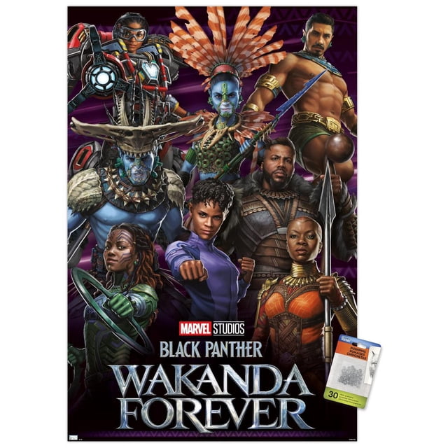 Marvel Black Panther : Wakanda Forever - Affiche Murale de Groupe, 22,375 Po x 34 Po, Représentant Sept Personnages en costumes Tribaux et Futuristes Détaillés et une Armure sur un Fond Géométrique Violet, avec le logo des Marvel Studios et le Titre du Film au Bas, Convient pour Décorer des Chambres, des Bureaux Ou des Espaces à Thème.