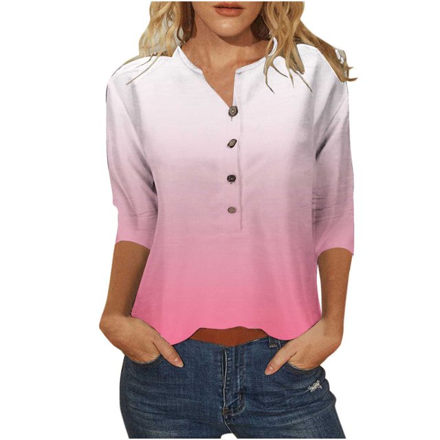 Birdeem T-Shirt à Boutons pour Femmes, Mode Décontractée, Manches 3/4, Col Imprimé, Haut Blouse