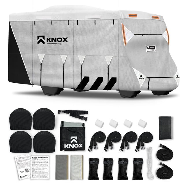 KNOX Housse de VR Classe C 2e Gén., Tissu APEX Anti-Déchirure, Convient aux VR Classe C, Remorques de Voyage et Autocaravanes, Housse pour Caravane Incluant Housse d'Échelle, Housses de Roues et Housses de Gouttières - Taille 23-26 Pi
