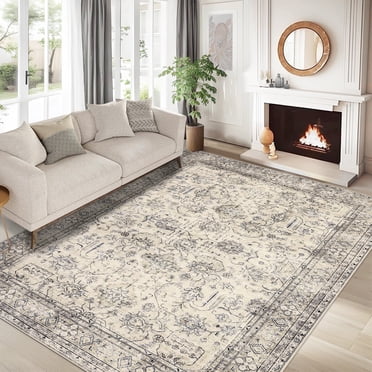 Garvee 6'x9' Vintage Persian Area Rugs for Living Room, Non Slip Machine Washable Rugs Low Pile Distressed Indoor Rug Floral Print Carpet for Dining Room Bedroom Office, Beige