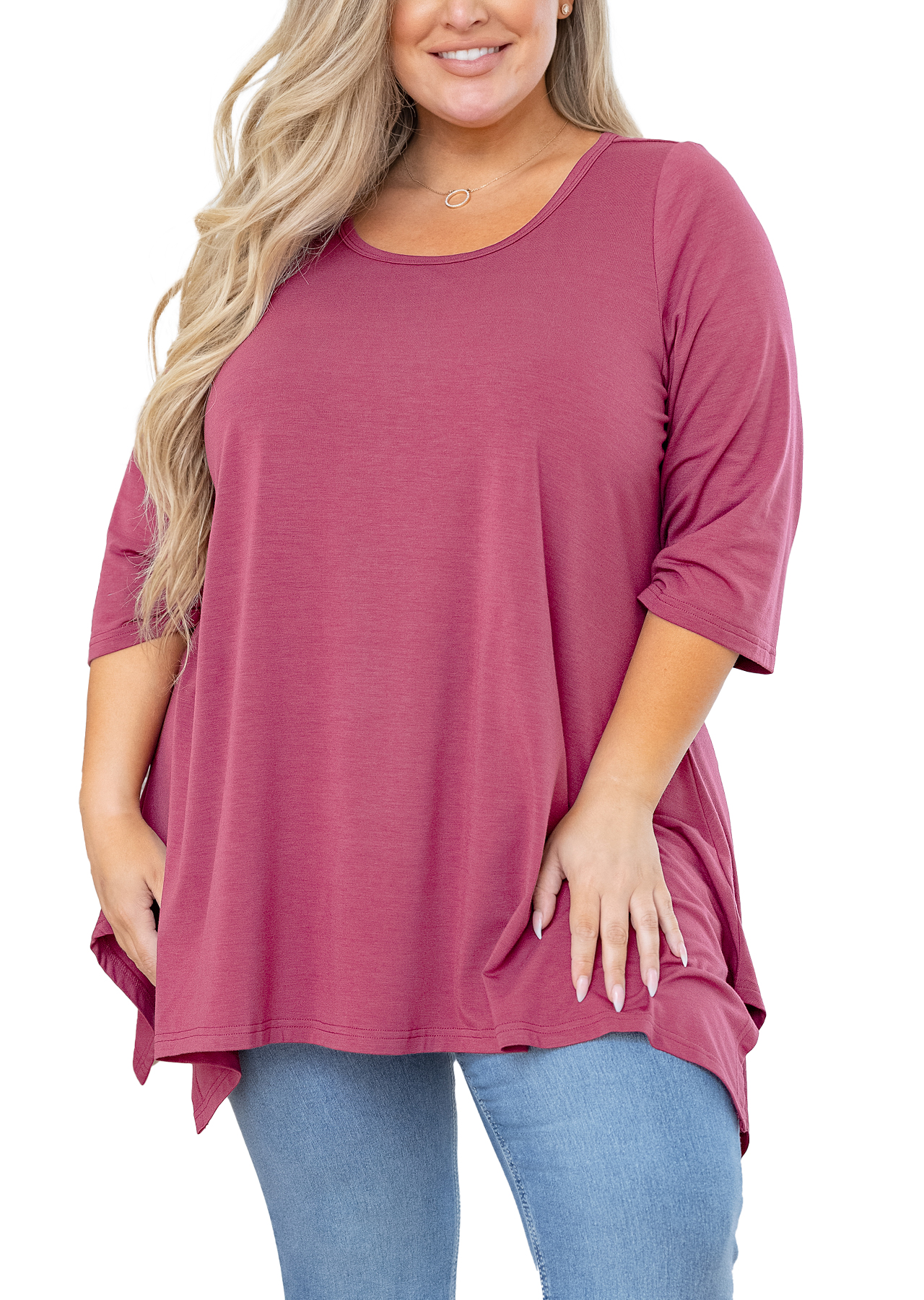 SHOWMALL Haut Femme Grande Taille Manches 3/4 Vêtements Violet Rouge 4X Blouse Tunique Ample Col Rond pour Leggings