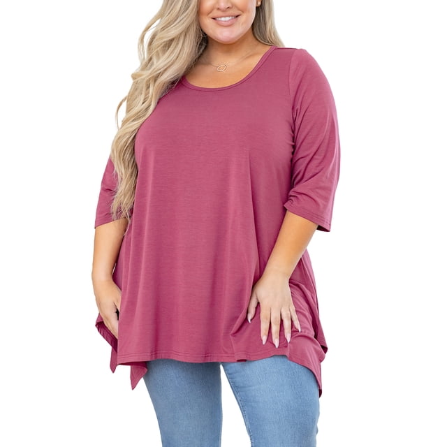 SHOWMALL Haut Femme Grande Taille Manches 3/4 Vêtements Violet Rouge 4X Blouse Tunique Ample Col Rond pour Leggings