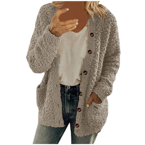 fartey Womens Fuzzy Sherpa Hooded Cardigan Coat Winter Double Fleece Open Front Jacket Coat Plush Warm Plus Size Button Down Outwear, S-5XL