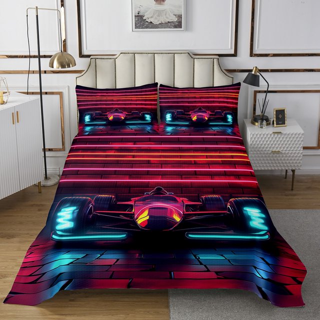 Go Kart Quilt Set Karting Bedspread Set Twin,Race Cars Coverlet Set Racing Extreme Sport Quilted,Neon Lights Room Decor