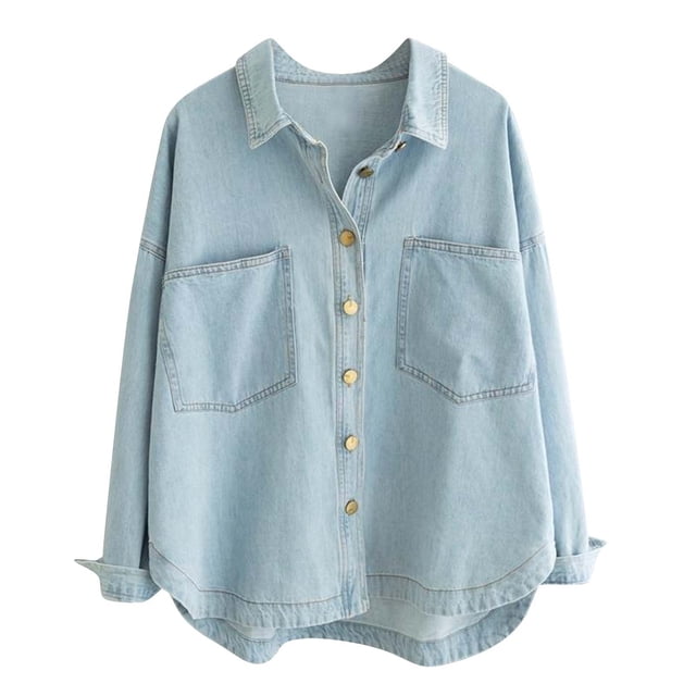 MeetoTime Veste en Jean Surdimensionnée pour Femmes, Automne, Décontractée, à Manches Longues, Boutonnée, Veste en Denim avec Poches. Cette Veste en Denim Bleu Pâle Présente une Coupe Ample Style Boyfriend avec une devant Boutonné, un Col à Revers et Deux Grandes Poches avant. Conçue pour le Temps d'Automne, Elle s'Agence Bien avec des jeans, des leggings Ou des Hauts Décontractés pour un Style Stylé et Polyvalent.
