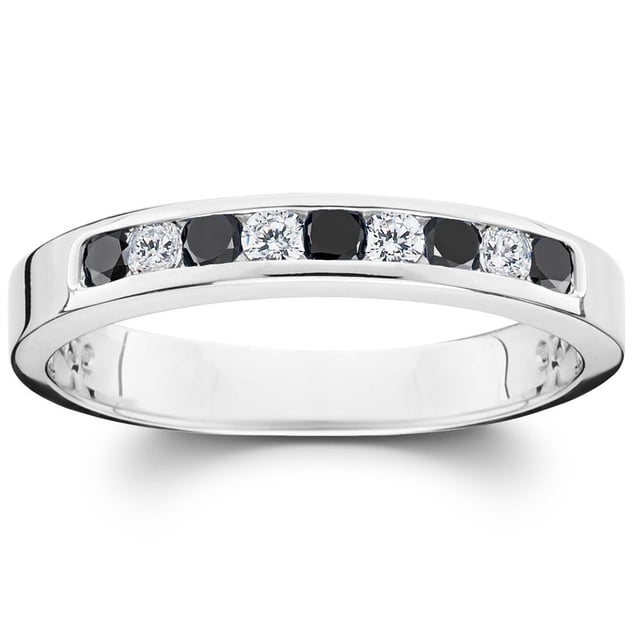 Bague pour Femme en Or Blanc 10k avec Serti en Canal et Diamants Noirs et Blancs Traités 1/3 Ct
