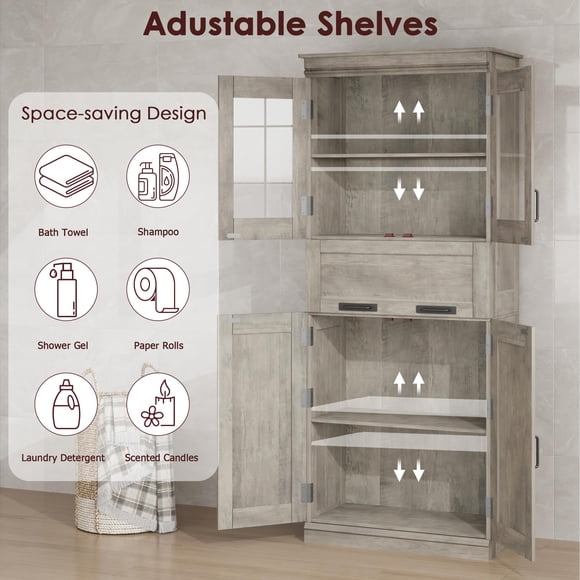 Tall Freestanding Bathroom Storage Cabinet – 4 Doors, Glass Drawer, Adjustable Shelves, Modern Organizer – For Bathroom, Kitchen, Living Room, Laundry – Grey, Double Row