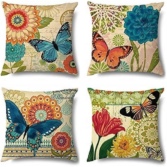 ORUYROP 4 Outdoor Pillow Covers,18X18Inch Spring Butterfly Art Waterproof Cushions,Decorative Throw Pillow Covers,for Outdoor Bed Sofa,Farmhouse Decorative Cushion Covers-B
