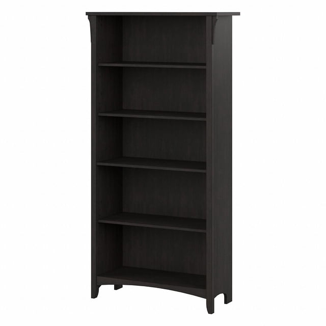 Bush Furniture Salinas Tall 5 Shelf Bookcase in Vintage Black, 32W x 12D x 63H inches, with three adjustable and two fixed shelves, vintage black distressed finish, tapered legs, and curved base rails inspired by Mission style, ideal for books, decor, and office supplies in living rooms or home offices.