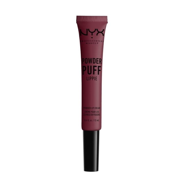 NYX Professional Makeup Powder Puff Lippie Lip Cream in a matte maroon tube with black cap, featuring bold black text and 12 mL volume. This lightweight cushion lip cream delivers a powdery matte finish, ideal for travel size makeup and personal care.