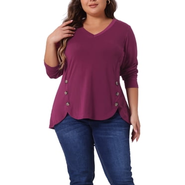 Agnes Orinda Women's Plus Size Long Sleeves Tops V Neck Loose Button Decor Blouses 3X Fuchsia