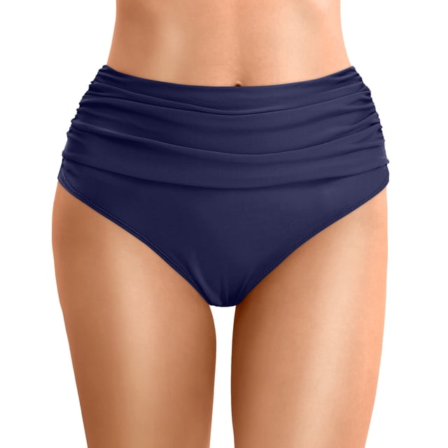 FYEGRE Women's High Waisted Bikini Bottom Tummy Control Ruched Bathing Suit Swim Bottom Dark Blue L
